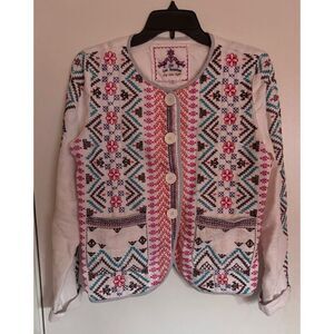 Rare -Johnny Was  Ivory White Embroidered Long Sleeve Linen Jacket Size S